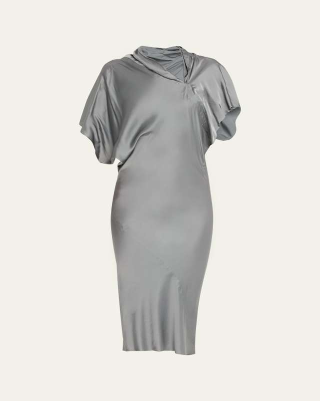Short-Sleeve Draped Satin Midi Dress